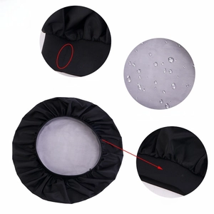Detail of waterproof fabric with water droplets and elastic band on the black shower cap