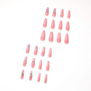 Pink long ballerina false nails set with crystal rhinestones and mirror finish