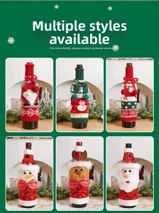 Detailed close-up of six Christmas wine bottle covers with knitted and plush holiday designs