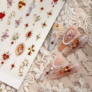 Baroque style gold 3D embossed nail stickers with angel and cross religious motifs