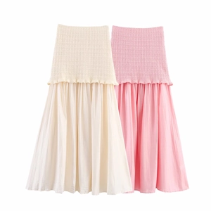 Women's 2-piece knit patchwork pleated dress set in off-white and pink colors