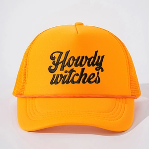 Vibrant orange Howdy Witches trucker hat with black embroidery and mesh back