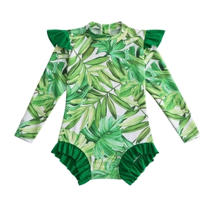 Maillot de bain une pièce manches longues pour filles avec imprimé palmier tropical