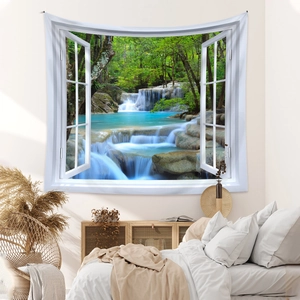 Detailed close-up of a 3D window view wall tapestry featuring a forest waterfall scene