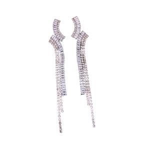 Elegant silver long tassel drop earrings with sparkling crystals for women