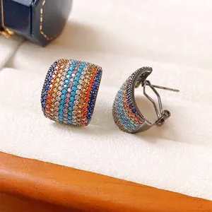 Rainbow Zircon Curved Square Stud Earrings With Silver Earring Post Luxury Colorful Jewelry For Women