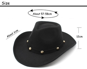 Detailed size guide for black felt cowboy hat with 8cm brim and 57-58cm circumference