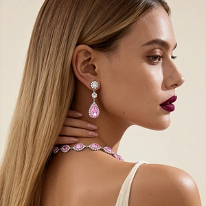 Détail de la parure de bijoux avec goutte en zircon rose portée par un mannequin élégant