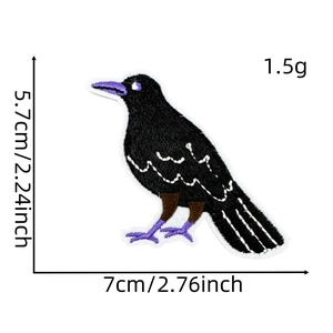 Detailed view of black crow embroidery patch with purple accents and size dimensions