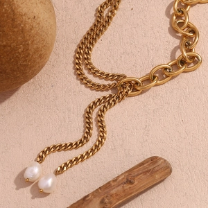 18K gold plated double layer necklace with Cuban chain and dangling freshwater pearls