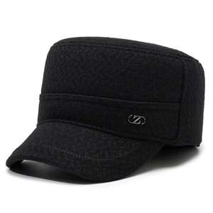 Black wool military flat top cap with ear flaps and herringbone texture for men