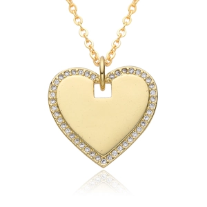 Minimalist gold heart disc necklace with sparkling micro-pave crystals on white background