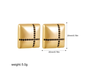 Macro view of 18K gold square stud earrings with black zircon cross inlay and 20mm dimensions