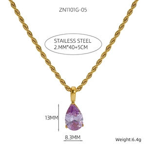 Detailed view of 2mm twist chain with a purple waterdrop pendant in gold stainless steel