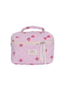 Quilted cotton strawberry makeup bag with pink stripes, top handle and double zippers