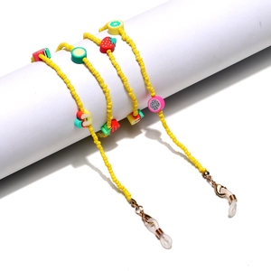 Handmade fruit beaded eyewear chain with colorful charms and gold metal clasps