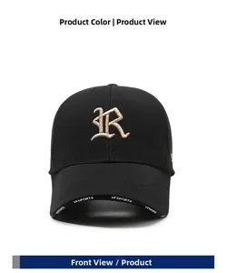 Close-up of beige 3D embroidered R letter on a black twill baseball cap detail