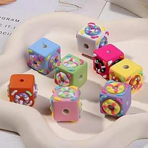Colorful cube silicone beads with donut patterns and center holes for DIY craft accessories