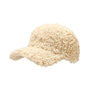 Thick beige sherpa fleece baseball cap with warm plush texture for winter comfort