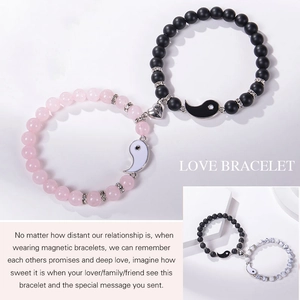 Detail of Yin Yang magnetic heart bracelets with natural stone beads and elastic cord