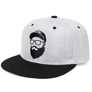 Two-tone snapback baseball cap with grey crown, black brim, and beard man embroidery