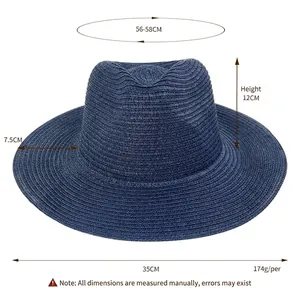Navy blue Panama straw hat for sun protection featuring a classic wide brim and dimensions