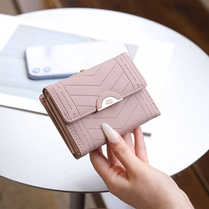 Pink striped tri-fold wallet for women with golden buckle and quilted pattern