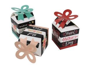 Drei Muttertags-Geschenkboxen mit Blumenstreifen und 3D-Schmetterlingsgriffen