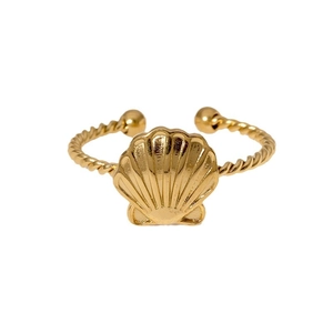 Anillo abierto de concha en acero inoxidable con banda trenzada y baño de oro de 18K