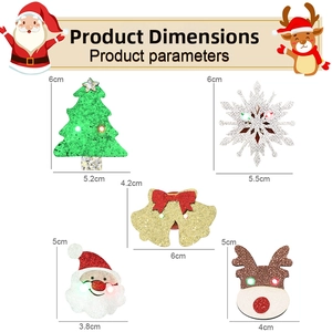 Detailed size specifications for various cartoon Christmas brooches including reindeer and tree