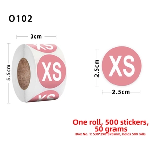 Detailed view of pink XS size label stickers roll with 2.5cm diameter measurements