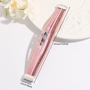 Pink bohemian multilayer leather bracelet with infinity symbol and rhinestone detail