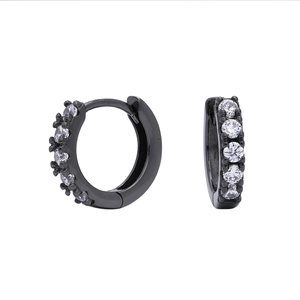 Detail view of black plated S925 silver huggie earrings with micro-set white zircon stones