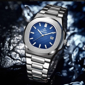 Macro detail of men's ultra-thin steel watch featuring blue dial with date window