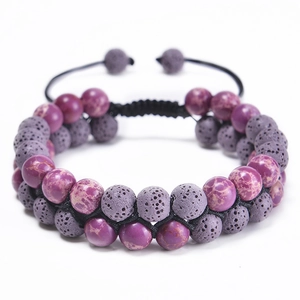 Double-layer braided bracelet with purple marble beads and porous volcanic lava stones