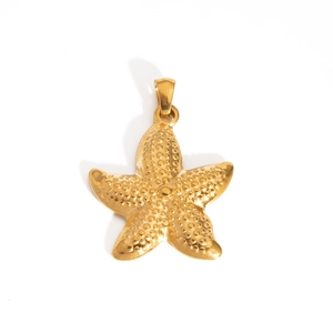 Golden stainless steel starfish pendant with textured surface and top hanging ring