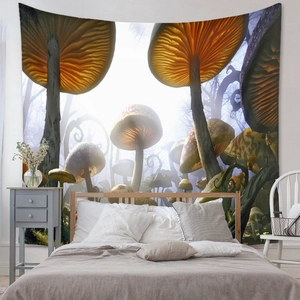 Detailed texture of the bohemian mushroom forest tapestry in a cozy bedroom setting