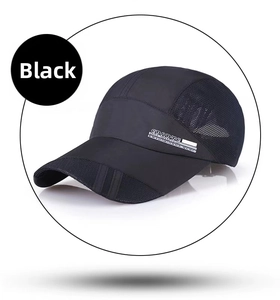Detail showing breathable mesh fabric and sports logo on the black baseball cap