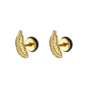 Close-up of golden feather earrings with intricate metallic textures on white background