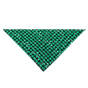 Detail of green plaid cotton pet bandana featuring white snowflake prints for Christmas