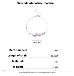 Detailed size specifications for S925 sterling silver butterfly bracelet with zirconia