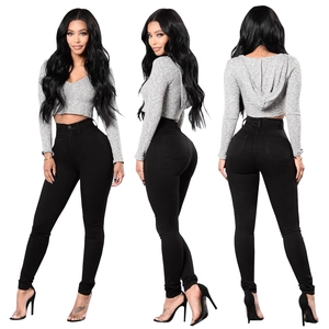 Women's high waist stretch denim jeans with grey cropped hoodie from three views