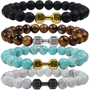 Dumbbell Beaded Bracelet Lava Stone Tiger Eye Turquoise Alloy Live Lift Engraved Fitness Jewelry For Men Women