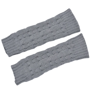 Grey cable knit arm warmers with classic twisted pattern in a soft winter yarn