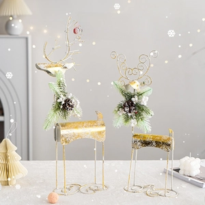Christmas gold and white reindeer desktop ornaments with pine cones and berries set