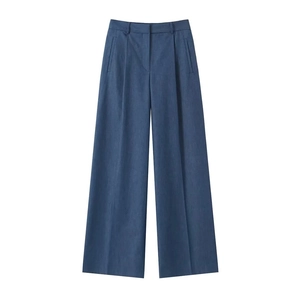 Deep blue high-waisted wide-leg trousers with front pleats and side pockets on white back