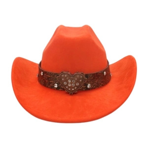 Detail of orange suede cowboy hat with heart-shaped rhinestone buckle and leather band