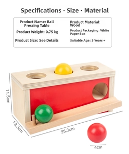 Detail view of Montessori wooden pounding toy with red yellow green balls and dimensions