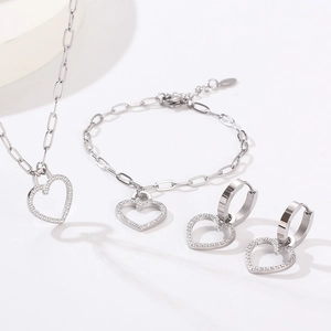 Sparkling CNC diamond heart jewelry set with necklace, bracelet and earrings in silver