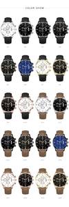 Grid display of 20 men's watches with chronographs and leather straps in various colors